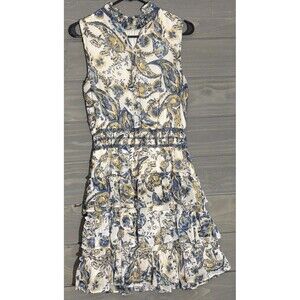 Sleeveless Mini Ruffled Yellow & Blue Paisley Dress S Boho Cute Chic